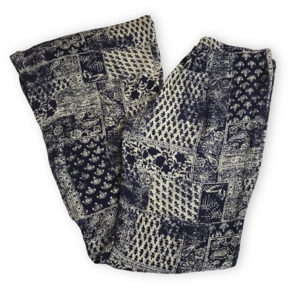 Billabong Navy Cream Crinkle Fabric Beach Pants Flare Bottom Womens Size Small